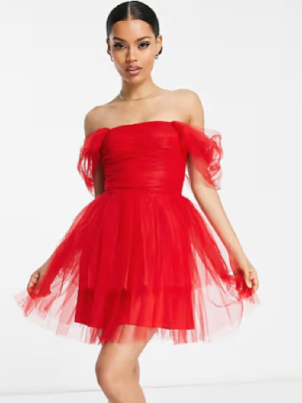 Lace & Beads Petite off shoulder wrapped tulle mini dress in pillarbox